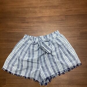 Umgee USA Blue White Striped Frayed Hem Shorts Elastic Waist Tie Front Medium